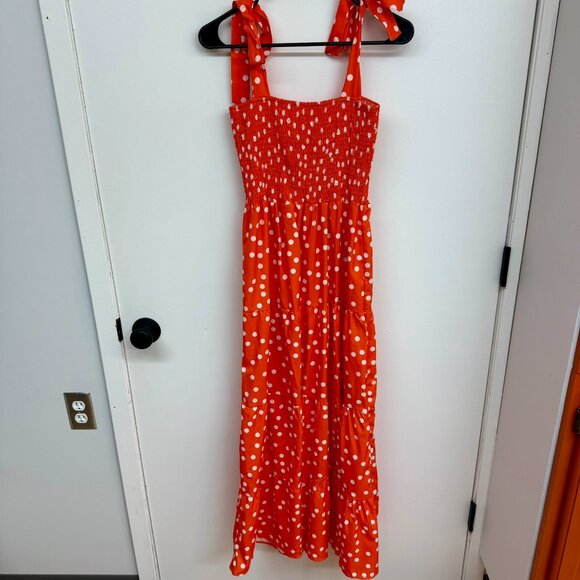 Goldstitch L Orange Polka Dot Boho Smocked Maxi Dress - Picture 5 of 8
